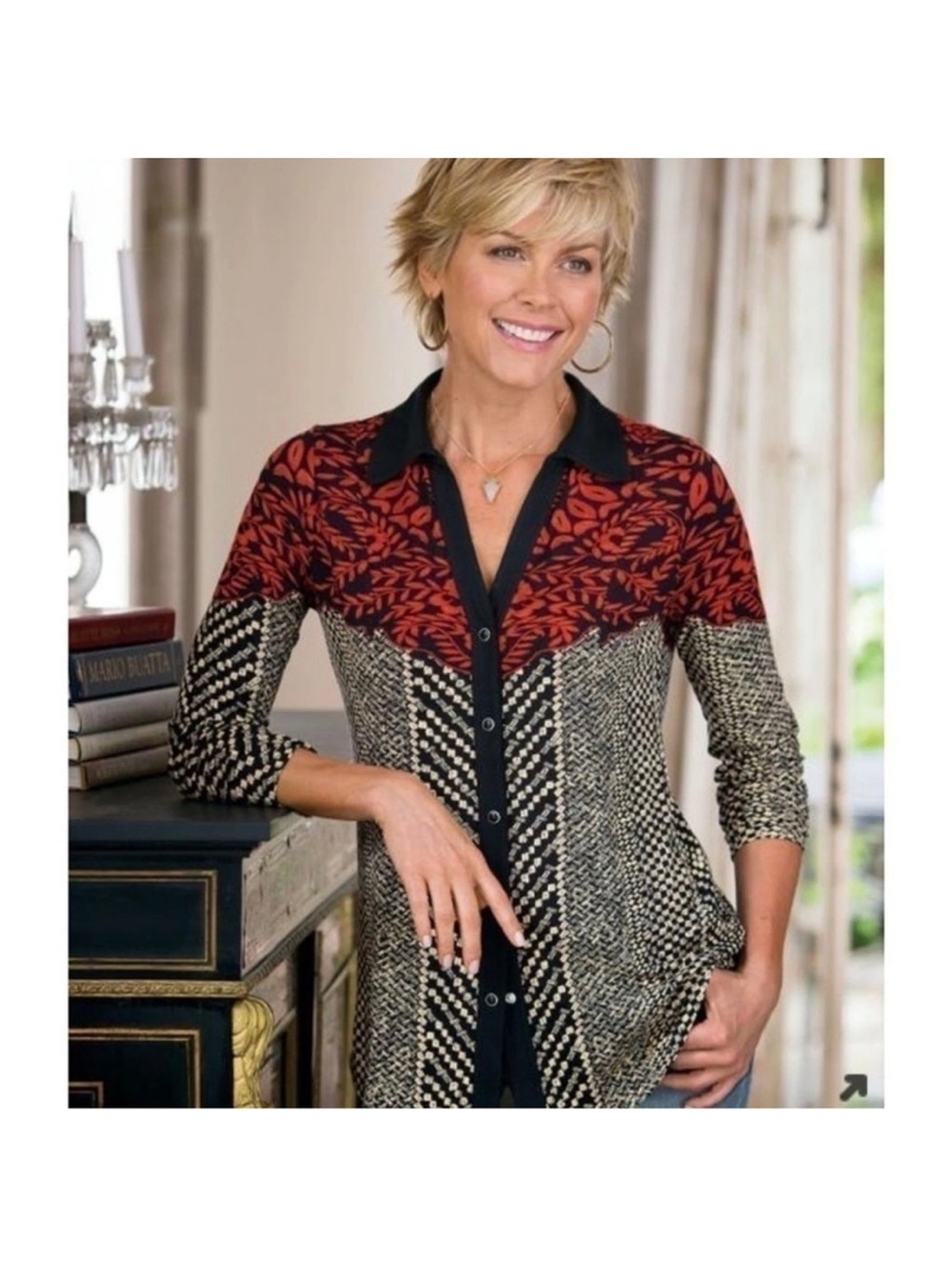 Soft Surroundings Calistoga Western Yoke Button Front Tunic Top Black/Red 2X